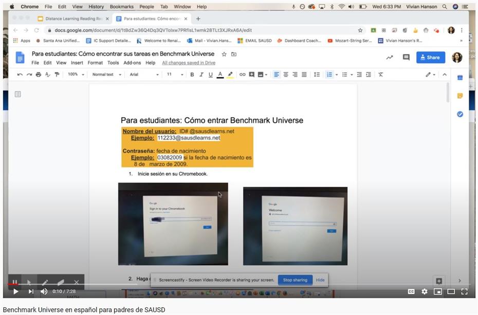 Benchmark Universe en español para padres de SAUSD